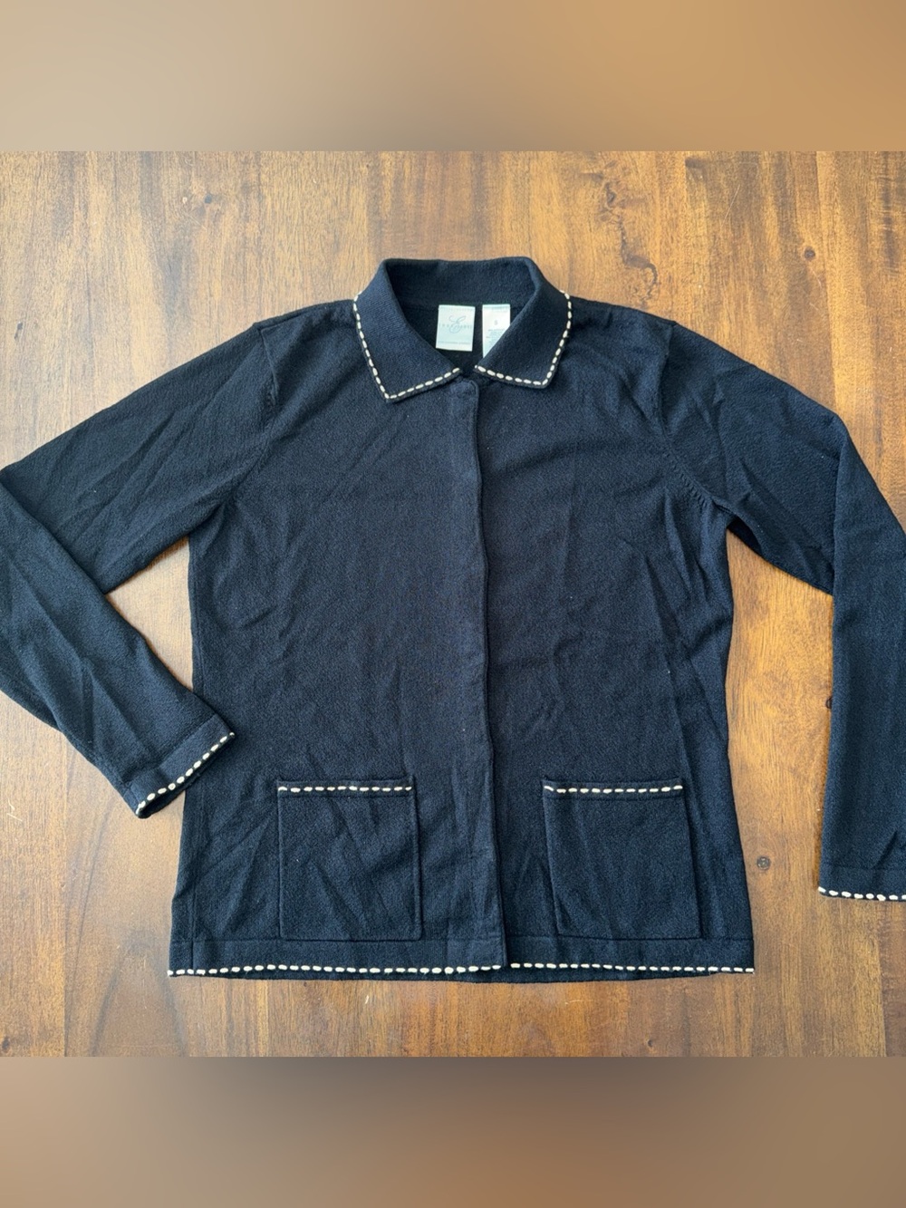 Emma James Black Tan Stitching Trim Acrylic Nylon Blend Cardigan Sweater Small